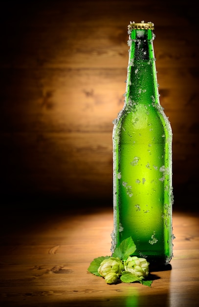 Bouteille de bière congelée verte et hop sur bois