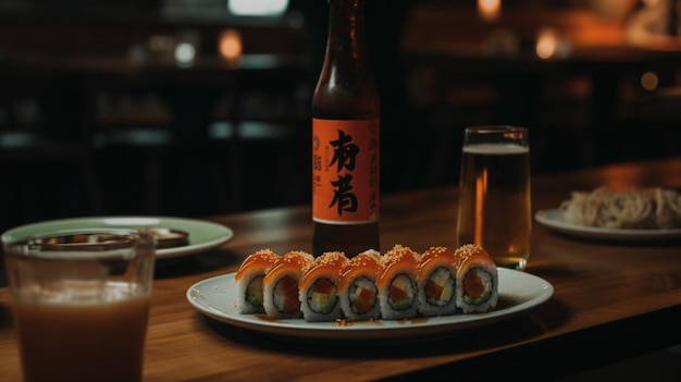 Une bouteille de bière à côté d'une bouteille de sushi et d'une bouteille de bière.