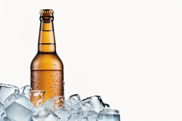 Bouteille de bière dans la glace sur un fond blanc IA générative