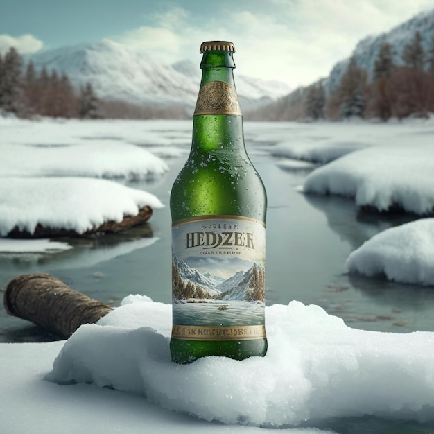 une bouteille de bière dans le paysage enneigé isolé, publicité pour boissons alcoolisées ou brasseries