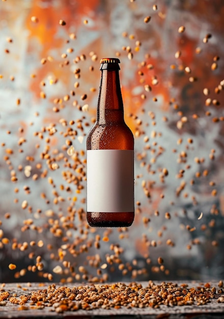 Bouteille de bière à étiquette blanche sur fond de houblon sec