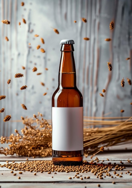 Bouteille de bière à étiquette blanche sur fond de houblon sec