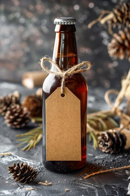 Une bouteille de bière avec une étiquette et des cônes de pin sur la table.