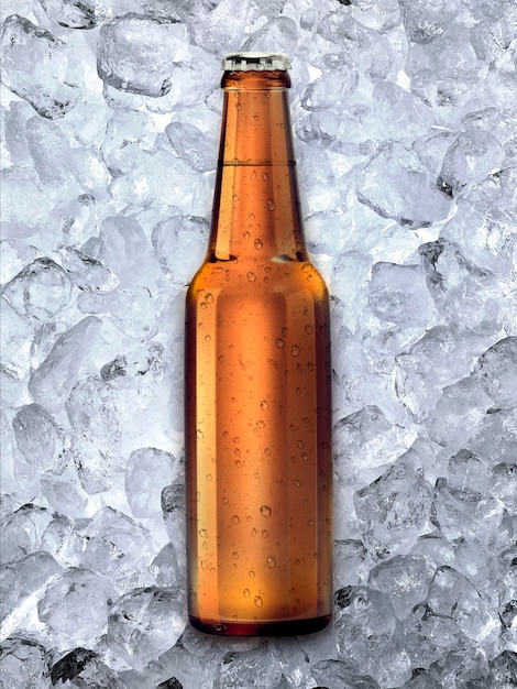 Bouteille de bière sur fond de glaçons