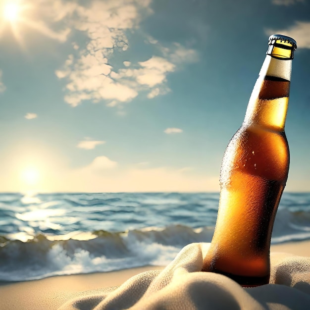 Une bouteille de bière fraîche à la plage