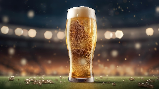 Bouteille de bière froide sur le fond du stade, atmosphère de match sportif, bière.