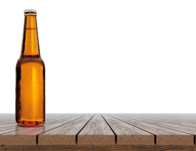 Bouteille de bière avec des gouttes d'eau sur une table en bois