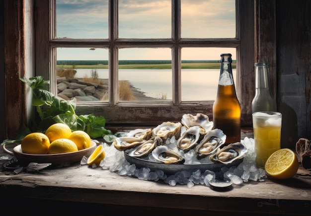 Une bouteille de bière et des huîtres sur une table avec un verre de bière et une bouteille de citron.