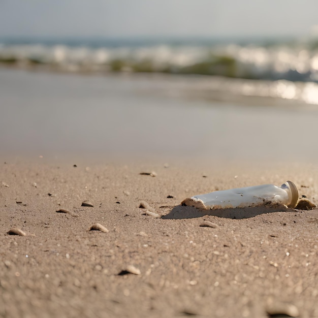 Photo une bouteille de bière sur une plage avec des coquillages de mer en arrière-plan