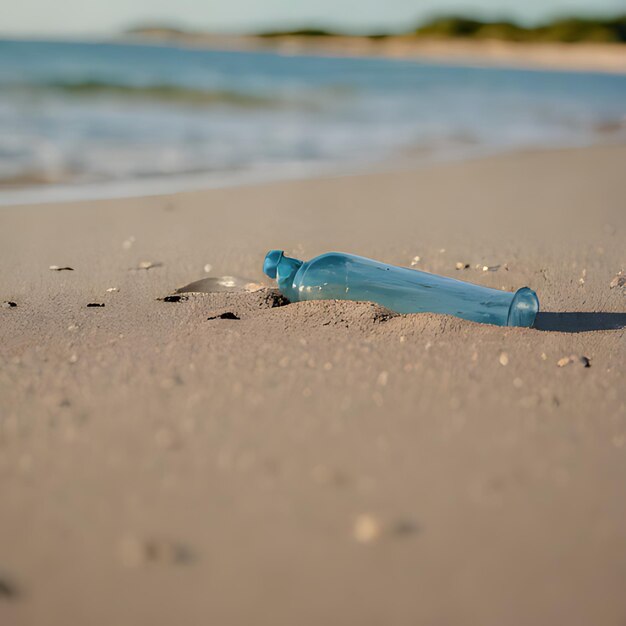 Photo une bouteille de bière posée sur la plage avec l'océan en arrière-plan