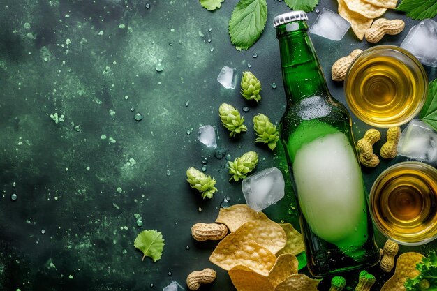 Photo bouteille de bière réaliste avec des bulles dorées sur le fond avec des collations une boisson rafraîchissante sans étiquette