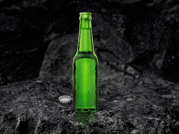 Bouteille de bière verte avec compte-gouttes sur fond de charbon noir