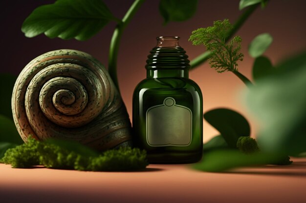 Bouteille bio cosmétique et coquille d'escargot avec supplément de mucine illustration de soins de la peau beauté AI générative