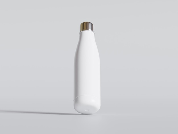une bouteille blanche avec une garniture en or est assise sur une surface blanche
