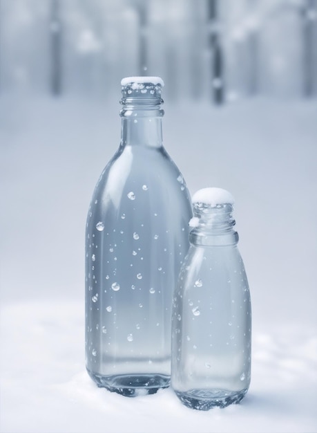 Bouteille blanche et transparente sur un paysage enneigé et glacé Conception pour maquette