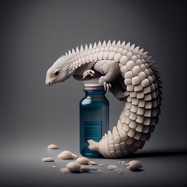 Une bouteille bleue avec une image d'un armadillo géant dessus