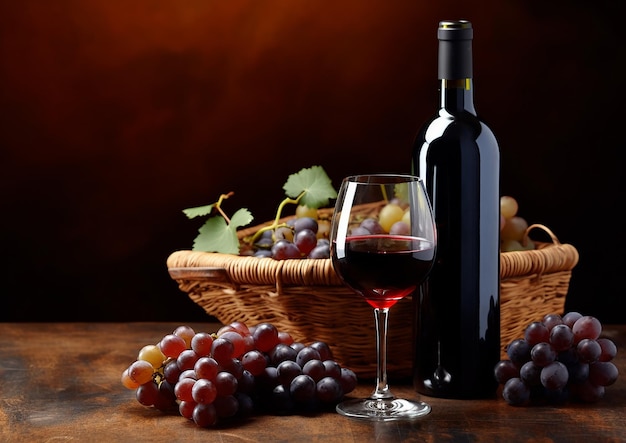 Bouteille en bois de vin de raisin, de fruit, verre à boire de table généré par l'IA