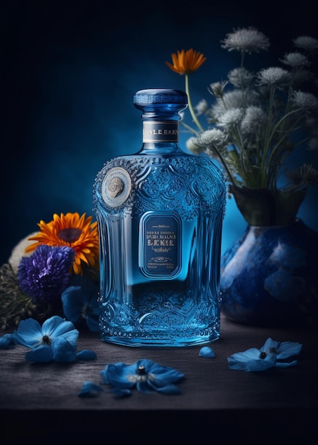 Une bouteille de bouteille bleue de gin avec des fleurs en arrière-plan.