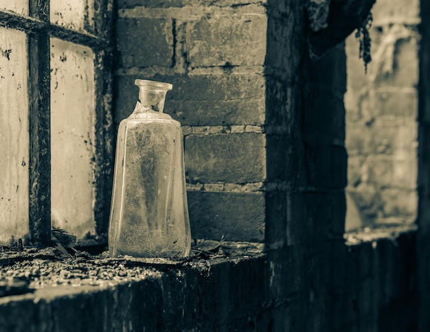 Photo bouteille cassée sur le rebord d'une fenêtre dans un bâtiment abandonné