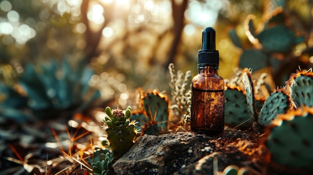 Photo une bouteille de cbd reposant sur un rocher majestueux