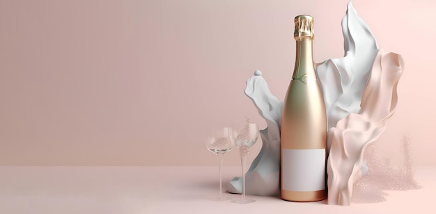 Une bouteille de champagne sur une bannière de fond rose Generative AI 1