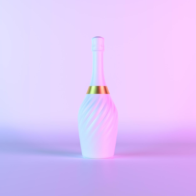 Bouteille de champagne blanche avec rendu 3d de néons holographiques ultraviolets colorés