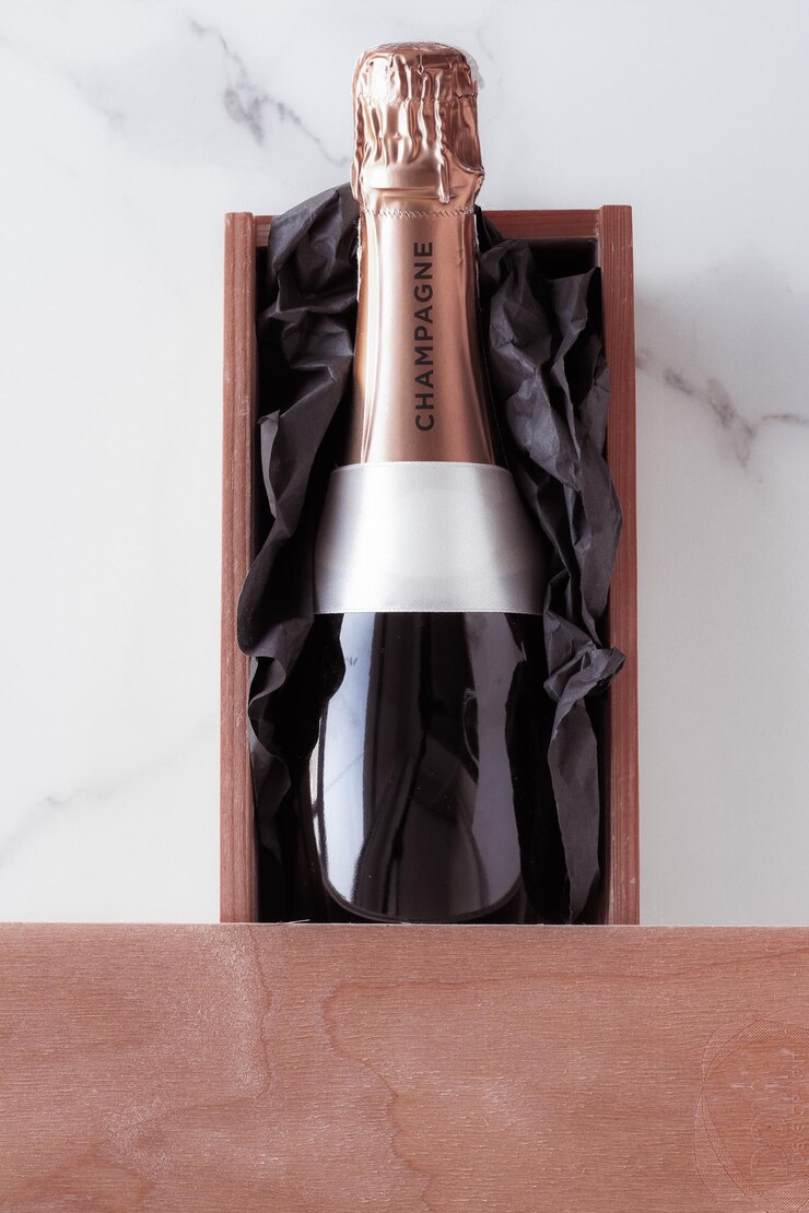 Bouteille de champagne et coffret cadeau sur marbre Nouvel An Noël Saint Valentin ou cadeau de vacances de mariage et emballage de produits de luxe pour marque de boisson