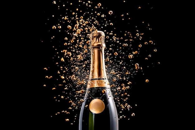 bouteille de champagne avec des confettis sur fond noir célébration et concept du nouvel an