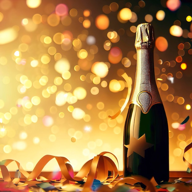 Bouteille de champagne avec décoration bokeh étoiles confettis et banderoles de fête sur fond doré