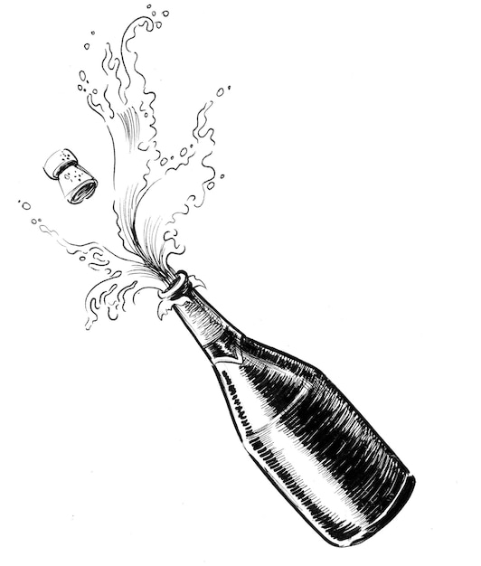 Bouteille de Champagne. Dessin noir et blanc à l'encre