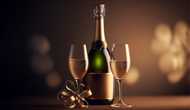 Une bouteille de champagne et deux verres avec un arc sur une table.