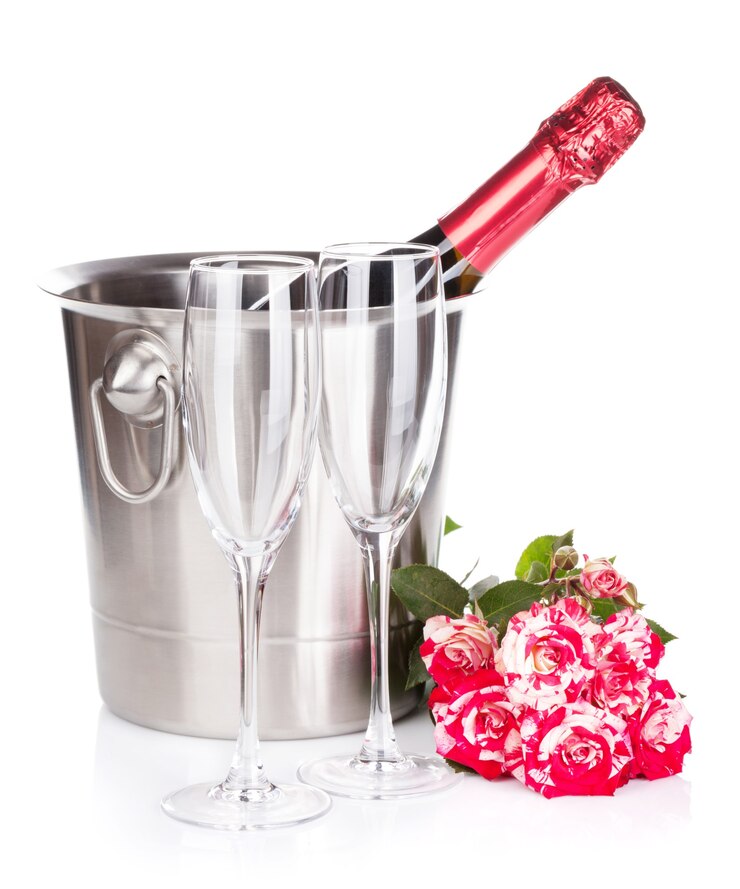 Bouteille de champagne, deux verres et fleurs roses rouges. Isolé sur fond blanc