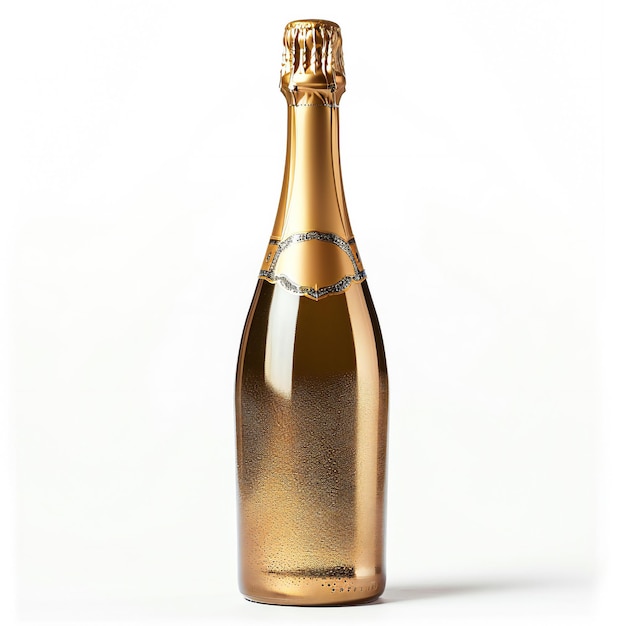 Bouteille de champagne dorée avec un élégant papier d'aluminium sur blanc