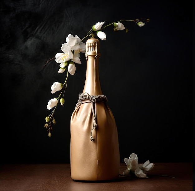 Une bouteille de champagne avec une fleur dedans