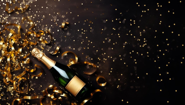 Photo bouteille de champagne avec de l'or étincelant sur fond noir