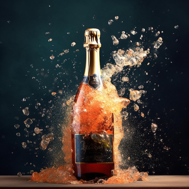 une bouteille de champagne avec un peu de liquide orange dedans.