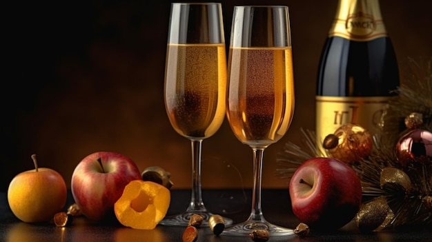 Une bouteille de champagne avec des pommes et une bouteille de champagne