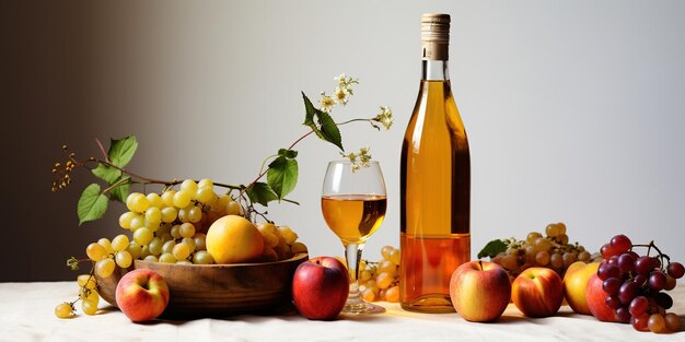 Photo bouteille de cidre de pomme et tire-bouchon sur fond blanc composition écologique avec été boisson aux fruits à faible teneur en alcool vin aux fruits produit à base de pommes