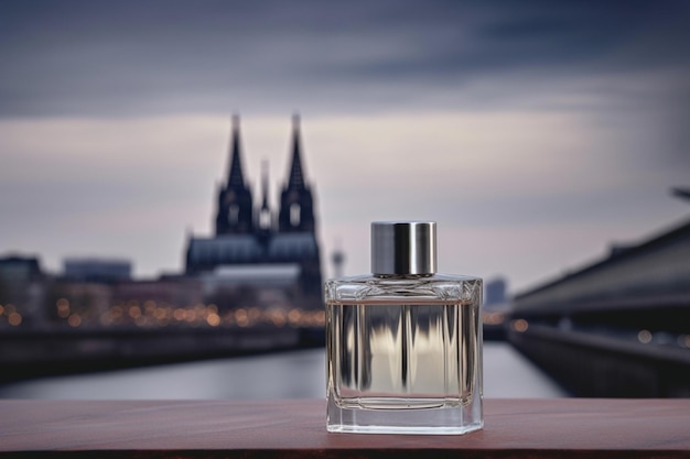 Bouteille de Cologne avec l'eau de Cologne en arrière-plan