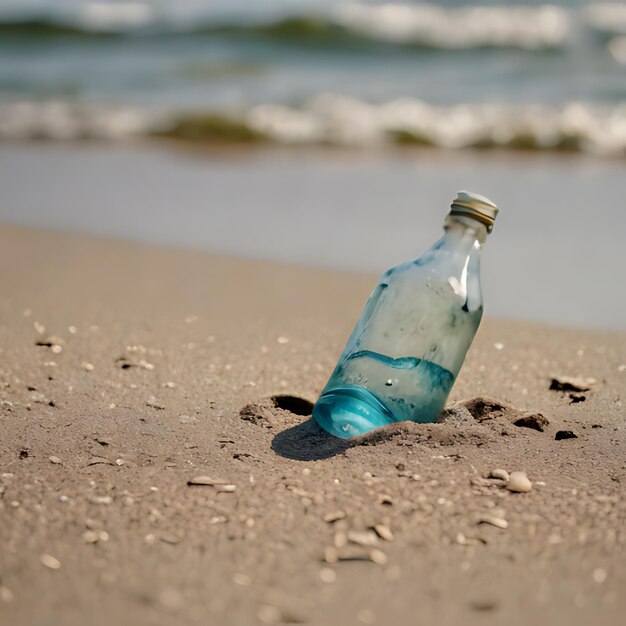 Photo une bouteille de coquillages de mer sur une plage avec une plage en arrière-plan