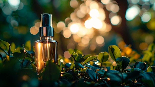 Photo bouteille cosmétique dans la nature focus sélectif