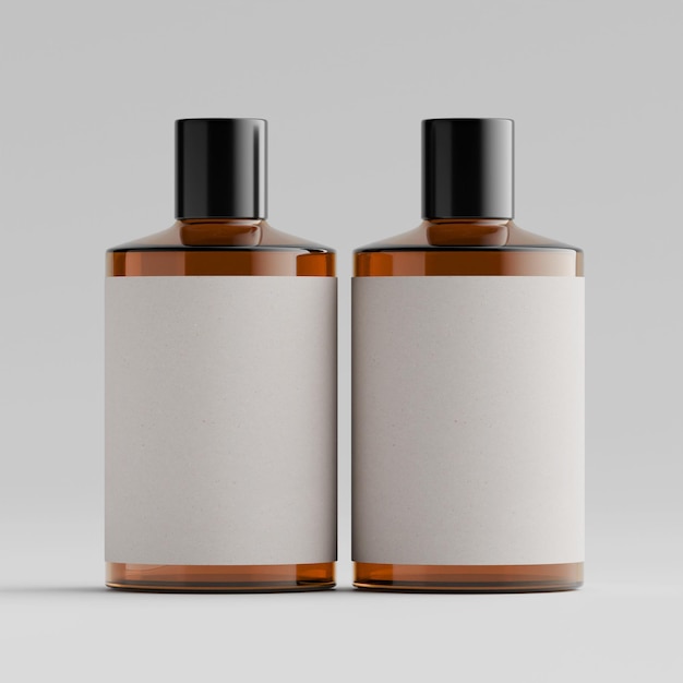 Bouteille cosmétique avec étiquette blanche isolée sur fond gris
