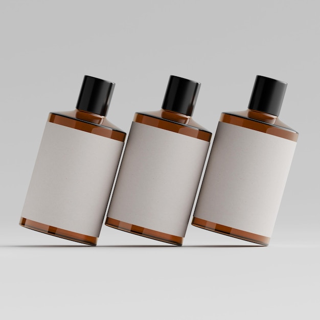 Bouteille cosmétique avec étiquette blanche isolée sur fond gris