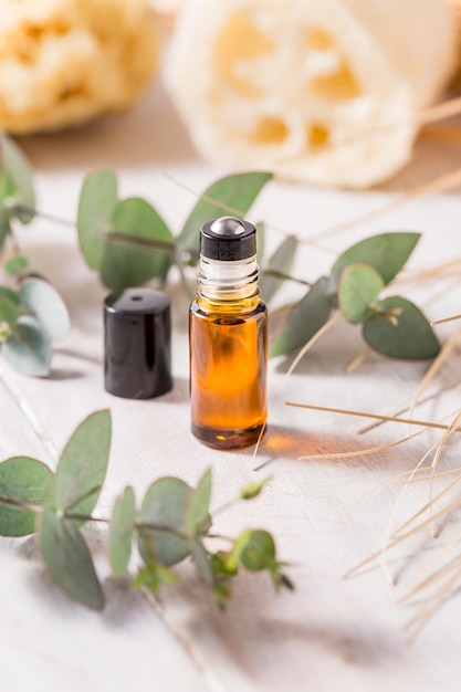 Bouteille cosmétique naturelle faite à la main avec bâton d'huile essentielle avec branche d'eucalyptus