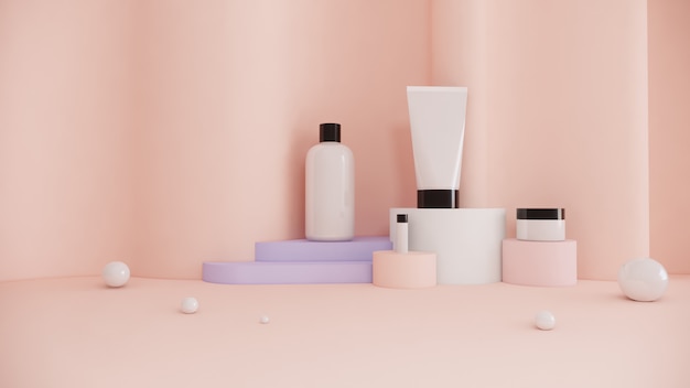 Bouteille cosmétique produit ensemble concept beauté publicité marketing sur fond pastel, rendu 3d