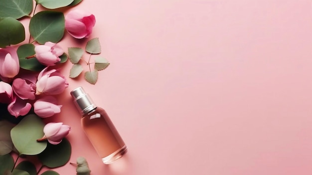 Bouteille cosmétique rose avec des roses sur fond de bureau rose