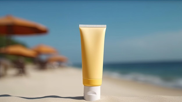 Bouteille de crème solaire sur le concept de placement de produit de plage avec la technologie Generative AI