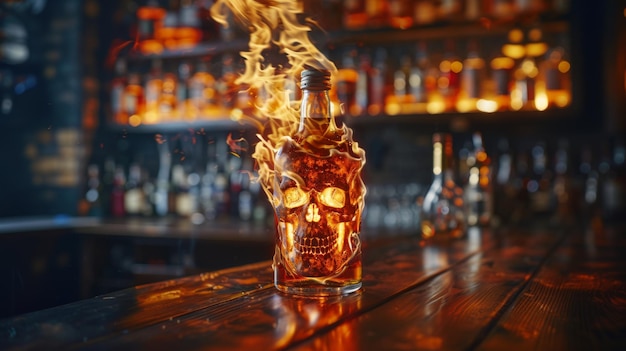 Une bouteille avec un dessin de crâne est engloutie dans les flammes au sommet d'un comptoir de bar avec un fond flou d'étagères remplies de diverses bouteilles