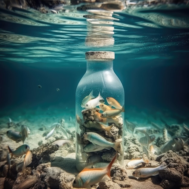 Une bouteille avec du poisson à l'intérieur est entourée d'eau et le mot poisson est au fond.