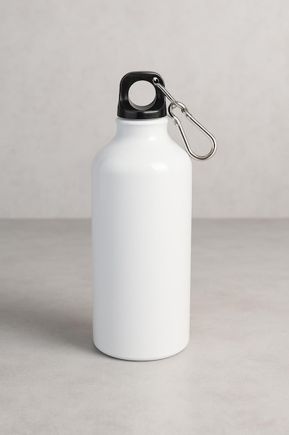 Une bouteille d'eau en aluminium blanc propre avec une pince à carabine pour faciliter le transport